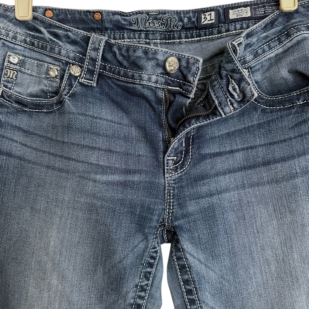 MISS ME Mid Rise Bootcut Jeans 31 Fleur De Lis‎ Pockets Y2K Western Glam Denim - Picture 8 of 16